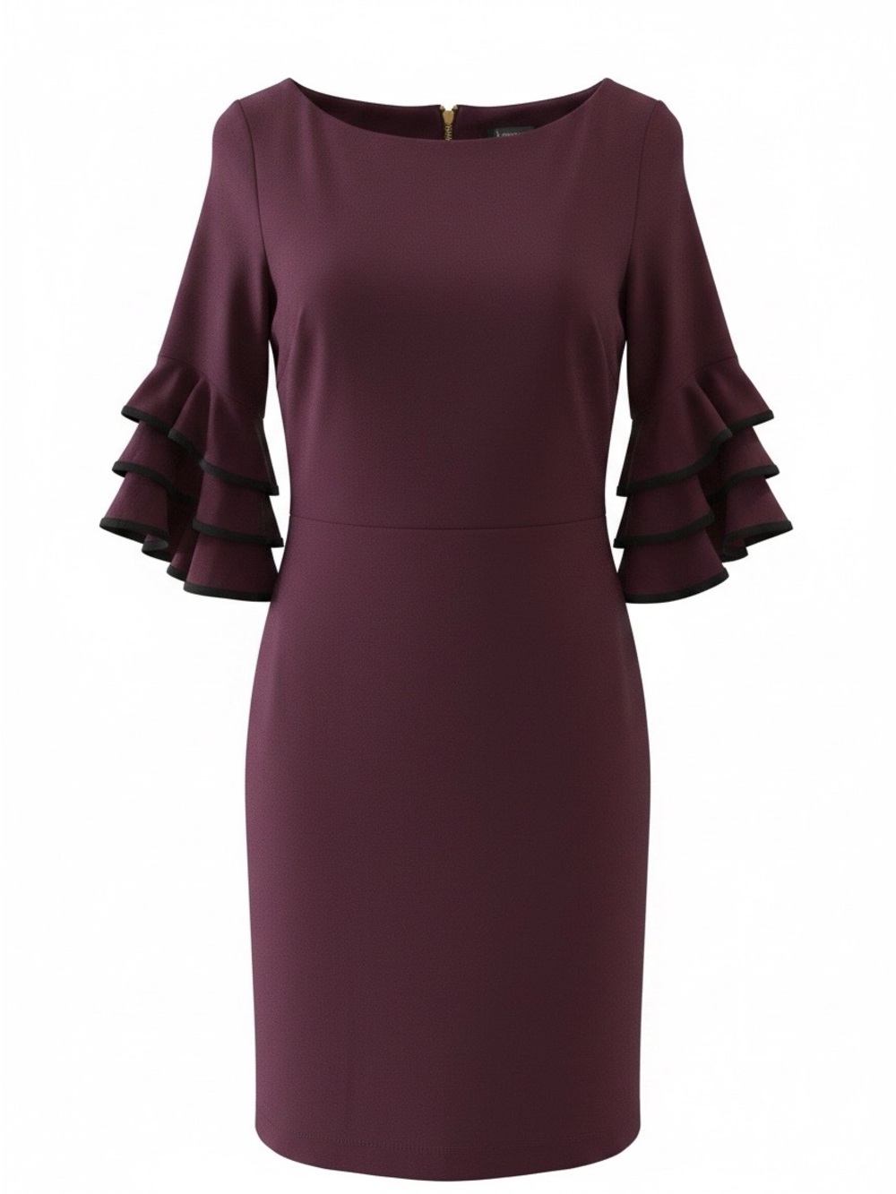 Gabby Skye Burgundy Ruffle-Sleeve Midi Sheath Dress